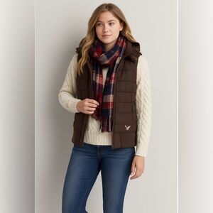 Preppy Cute Brown Quilted Hooded American Eagle Puffer Vest